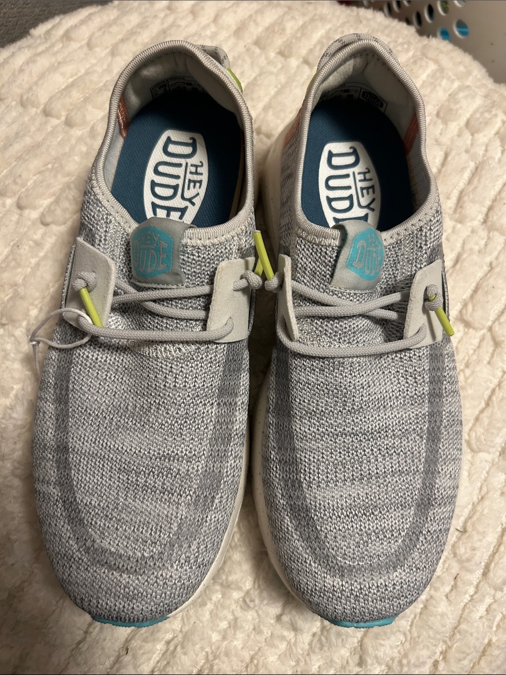 Hey Dude Women’s Light Gray Knit Sneakers with Teal and Lime Accents